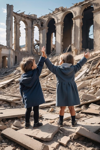 Duas crianças olhando para o céu e levantando as mãos de pé nas ruínas de um edifício destruído