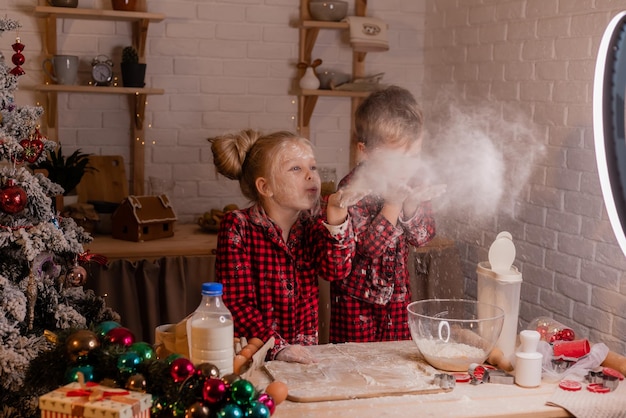 duas crianças pequenas cozinham uma torta para o Natal e gravam um blog de culinária. blogueiros infantis