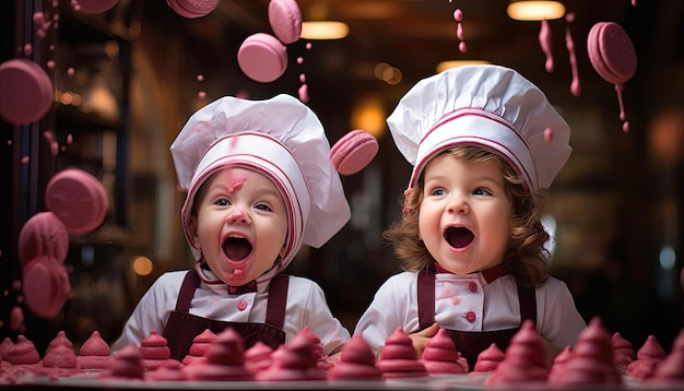 Foto duas crianças pequenas em chapéus de chef fazendo macarrões em uma cozinha no estilo de imagens humorísticas