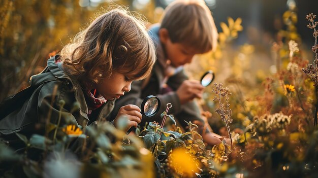 Duas crianças pequenas em uma floresta olhando plantas sob uma lente de aumento com mochilas IA generativa