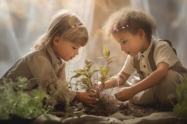 Duas crianças plantando uma planta em uma sala