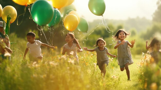 Duas crianças rindo e correndo com balões coloridos em um prado ensolarado