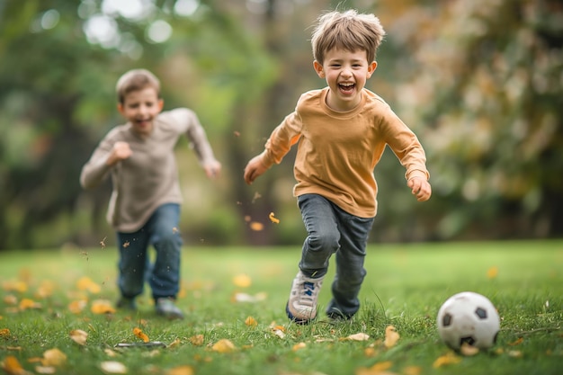 Duas crianças se divertem e jogam futebol com bola na grama no parque no outono Feliz infância