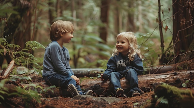 Duas crianças sentadas em cima de um chão vibrante da floresta empenhadas em uma conversa animada