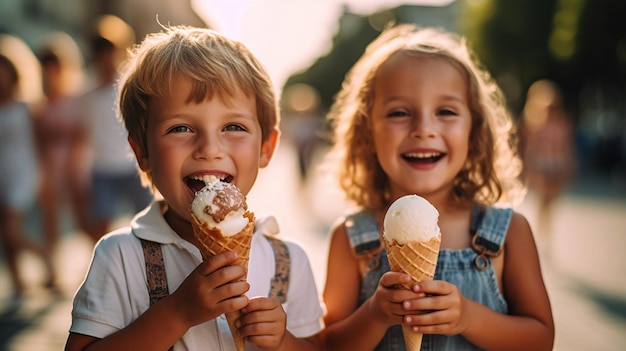 Duas crianças tomando sorvete ao ar livre em um dia ensolarado