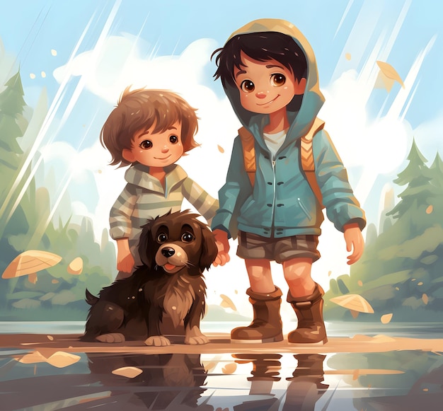 Duas crianças usando botas de chuva e um cachorro