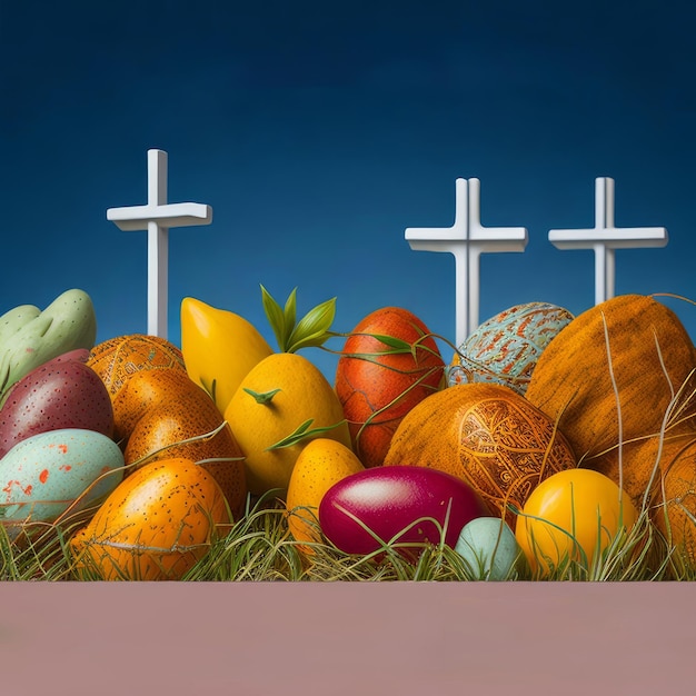 Duas cruzes estão em uma grama com ovos de páscoa nelas.