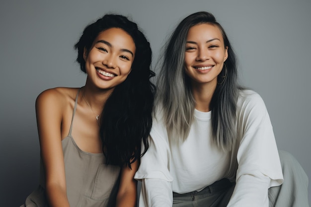 Duas diversas mulheres felizes sorrindo juntas em um ambiente de estúdio, casal feminino ou melhores amigas