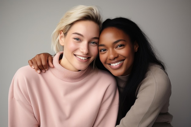 Duas diversas mulheres felizes sorrindo juntas em um ambiente de estúdio, casal feminino ou melhores amigas