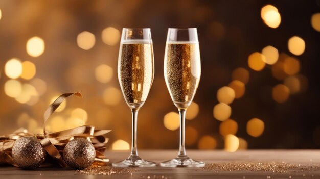Duas elegantes taças de champanhe altas em um fundo de Natal brilhante