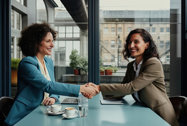 Duas empresárias apertando as mãos em uma reunião com um laptop sobre a mesa
