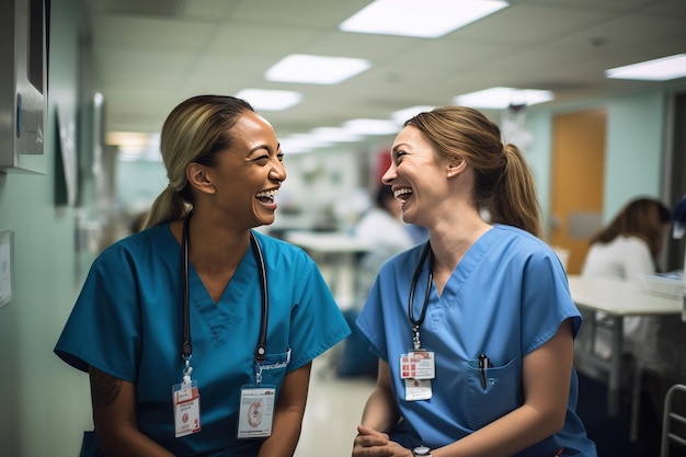 Foto duas enfermeiras a rir e a falar num hospital