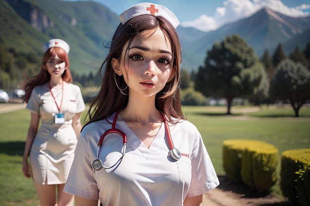Duas enfermeiras num campo com montanhas ao fundo