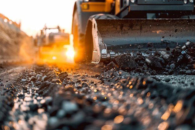 Duas escavadoras cavando o solo no canteiro de obras no céu de fundo de raios de sol com elevador de balde para cima