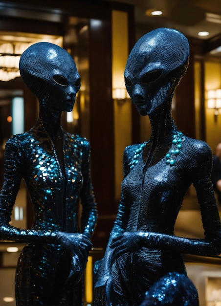 Foto duas esculturas alienígenas são exibidas num átrio com uma delas a usar um fato.