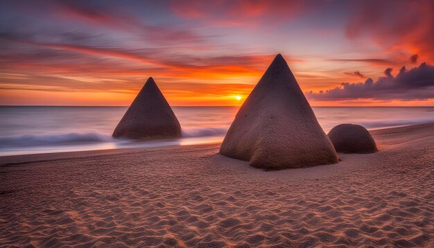 duas esculturas na praia com o pôr do sol no fundo