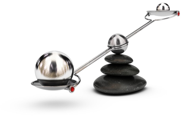 Duas esferas com tamanhos diferentes em uma gangorra sobre fundo branco, conceito de desequilíbrio ou símbolo
