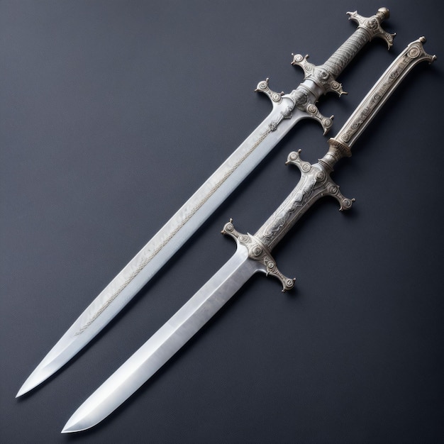 Duas espadas longas, finas, prateadas e brilhantes estão em um fundo preto.