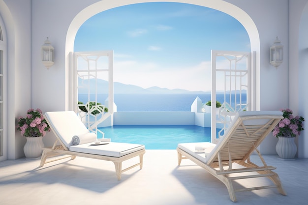 Duas espreguiçadeiras no terraço com piscina e vistas deslumbrantes sobre o mar Mediterrâneo tradicional