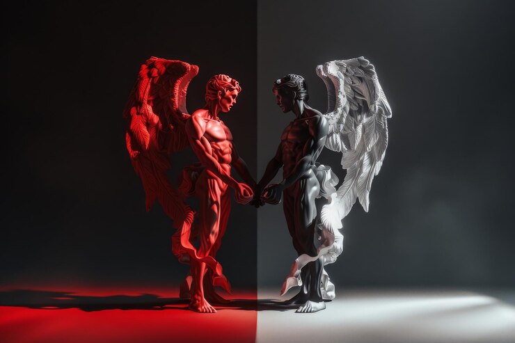 Foto duas estátuas de um homem e um demônio uma branca e outra preta com iluminação vermelha