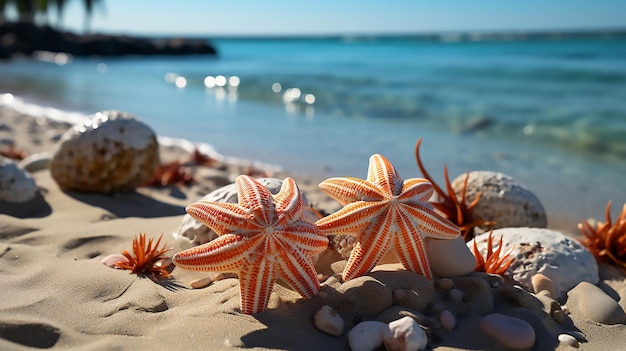 Duas estrelas do mar e conchas em uma praia vazia no estilo de paisagens exóticas de fantasia