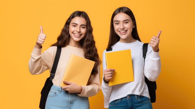 Duas estudantes alegres e felizes fazem os dedos polegares para cima sorrirem isolados no fundo de cor amarela segurando livros Criados com tecnologia Generative AI