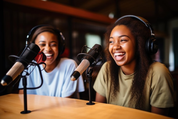 Foto duas estudantes com fones de ouvido em podcast em um microfone