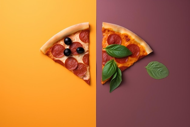 Duas fatias de pizza com uma cortada ao meio e outra fatiada com folhas de manjericão à esquerda