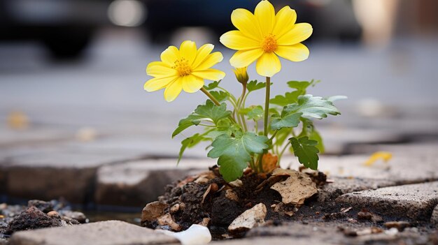 Foto duas flores amarelas crescendo em uma rachadura na calçada