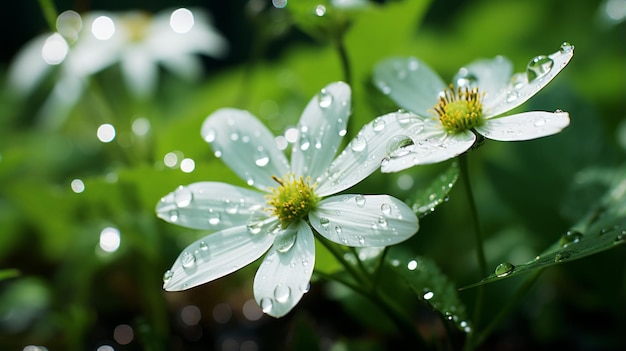 duas flores brancas com gotas de água