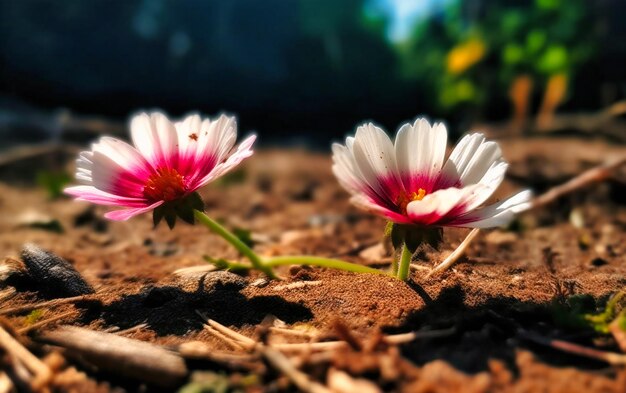 Foto duas flores brancas e rosa ficam no chão