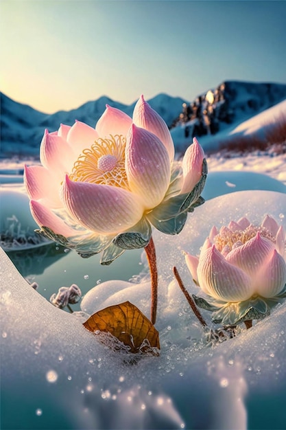 Duas flores cor de rosa sentadas em cima de um chão coberto de neve Generative Ai