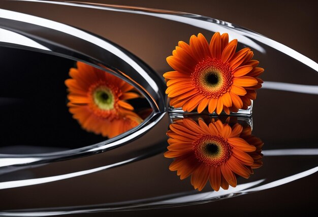 Foto duas flores de gerbera laranja e seus reflexos em um espelho torto