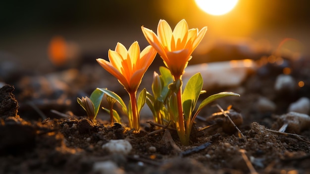 duas flores laranja crescendo na terra com o sol ao fundo