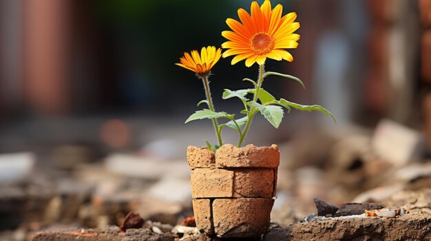 Foto duas flores laranja estão crescendo em uma parede de tijolos