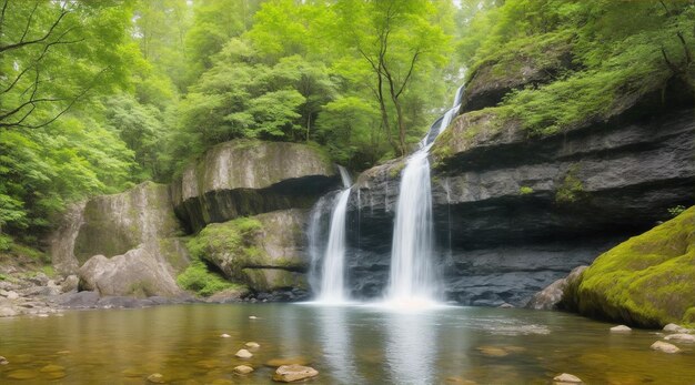 Duas formações rochosas em pé em uma cachoeira na floresta por Generative AI