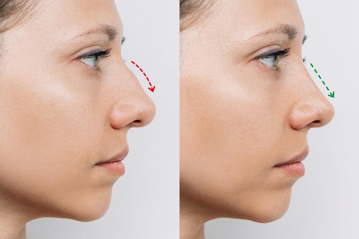 Foto duas fotos de rosto de mulher com nariz antes e depois da rinoplastia resultado de uma cirurgia plástica cosmética