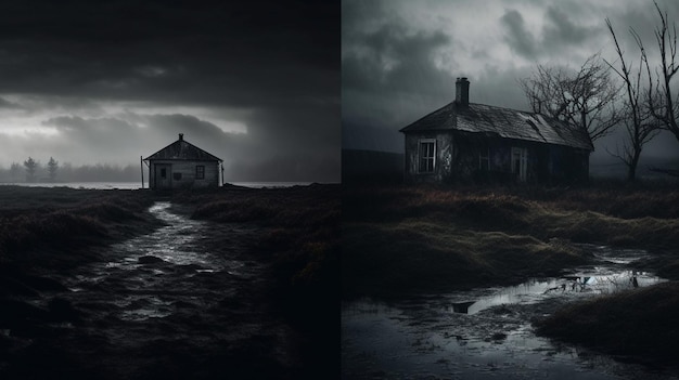 Duas fotos de uma casa com um céu escuro e as palavras'casa'à esquerda