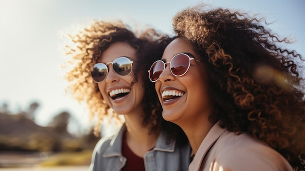 Duas garotas afro-americanas sorrindo enquanto viajam com óculos de sol em Created with Generative AI technology