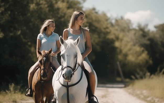 Duas garotas andando a cavalo em uma estrada secundária