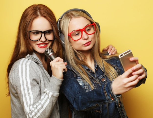 Duas garotas com um microfone cantando e se divertindo juntas fazem selfie