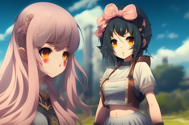 Duas garotas de anime com cabelo rosa e um laço rosa na cabeça