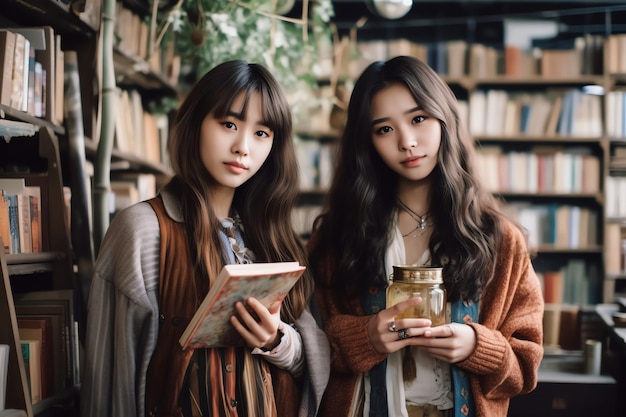 Duas garotas em uma biblioteca, uma das quais está lendo um livro.