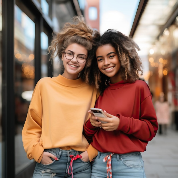 Foto duas garotas estão próximas uma da outra e uma tem um telefone na mão