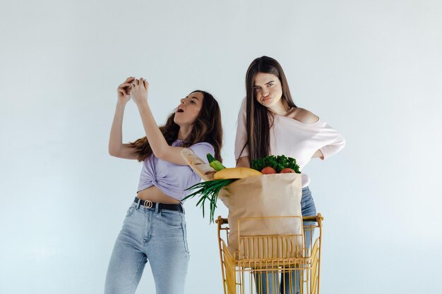 Duas garotas europeias se divertindo depois das compras. Retrato interior de irmãs em êxtase posando juntas.