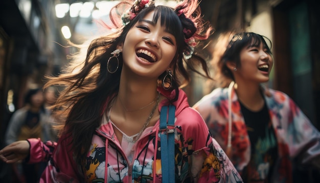 Foto duas garotas japonesas andando nas ruas comerciais de tóquio, aproveitando a cidade