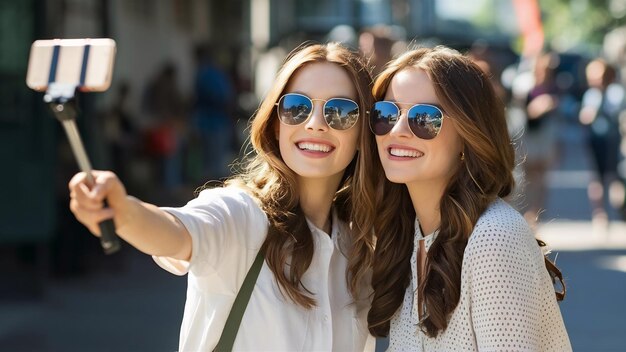 Foto duas garotas lindas e sorridente com óculos de sol tirando uma foto com um bastão de selfie