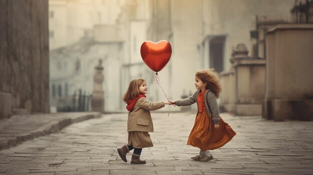 Duas garotas segurando um balão de coração vermelho