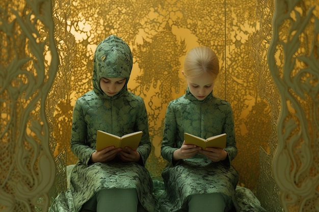 duas garotas usando hijabs estudam o Alcorão no estilo de elementos culturalmente diversos laranja claro