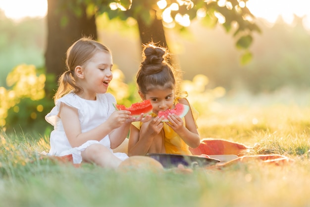 Duas garotinhas fofas comendo melancia na natureza, brincando e se divertindo com a família